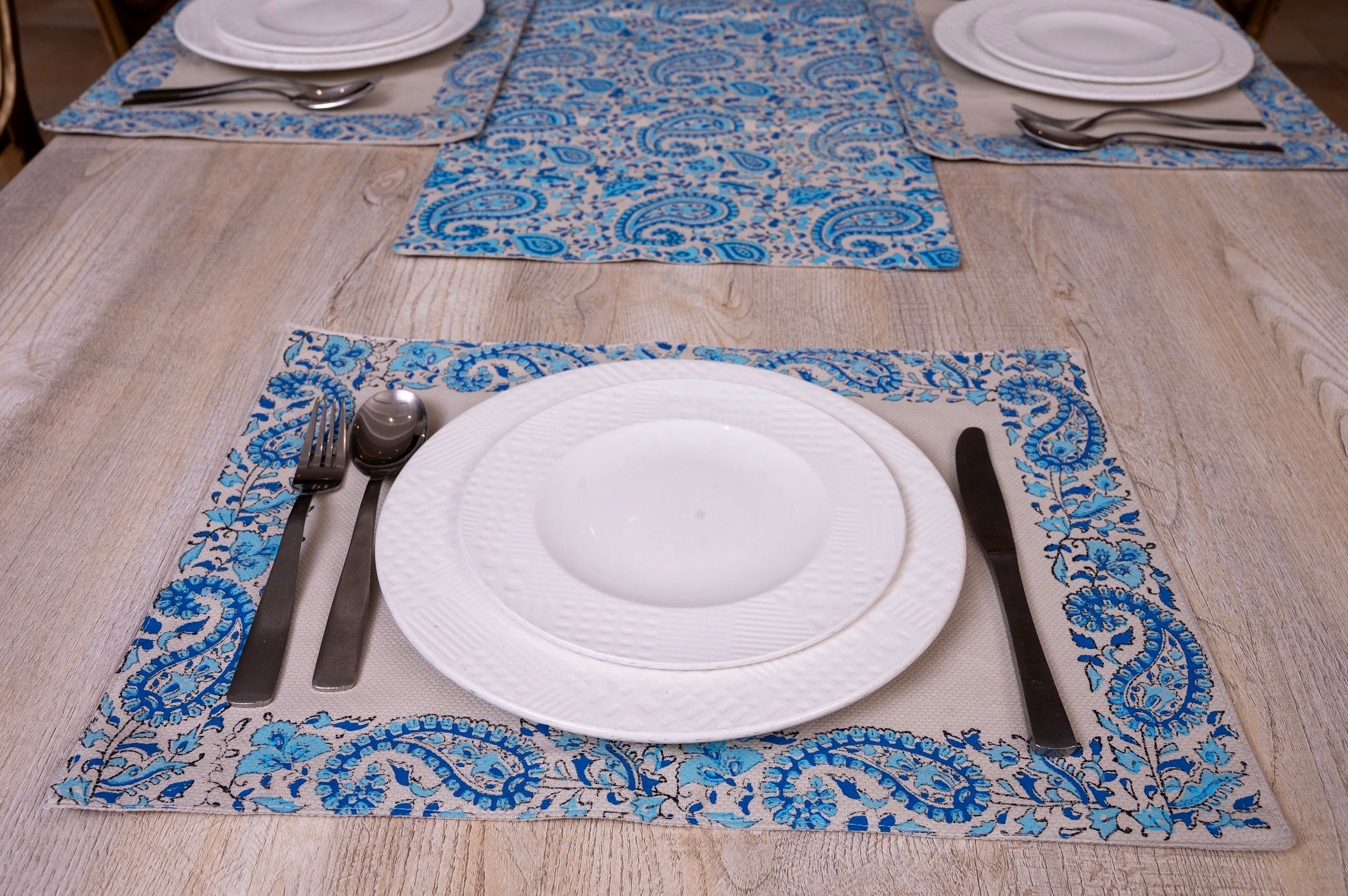 7 Pcs Blue Paisley Pattern Block Print Table Runner & Placemats