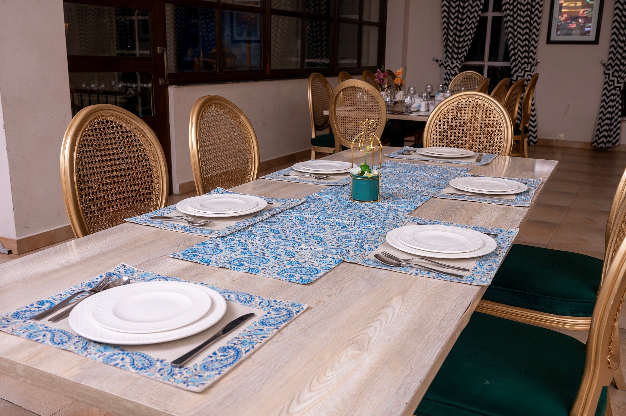 7 Pcs Blue Paisley Pattern Block Print Table Runner & Placemats