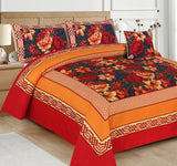 Orange Floral 4Pcs Panel Print Bedsheet Set