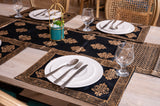 7 Pcs Black And Golden Block Print Table Runner & Placemats