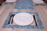 7 Pcs Blue Paisley Pattern Block Print Table Runner & Placemats