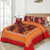 Orange Floral 4Pcs Panel Print Bedsheet Set